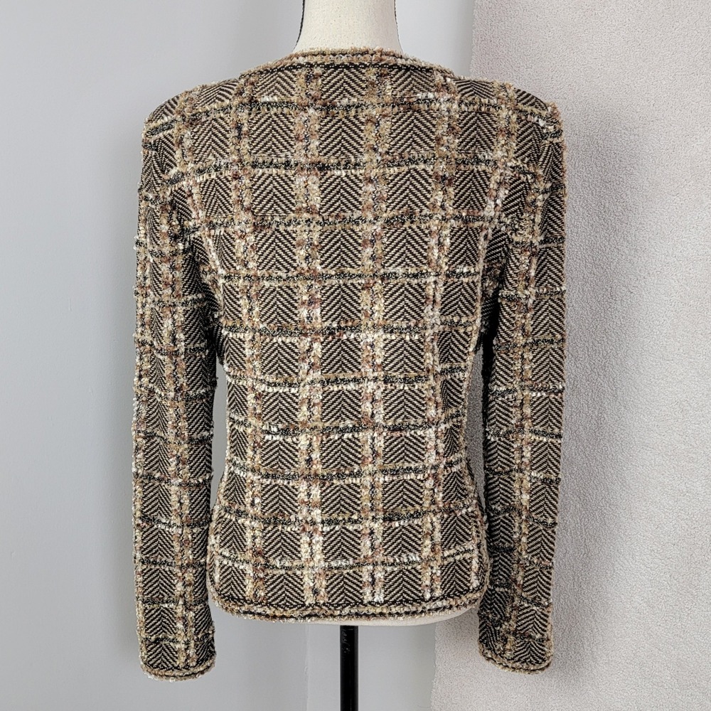 St. John Knit Jacket Women 6 Brown Chevron Plaid Metallic Zip Front Old Money - Picture 3 of 16